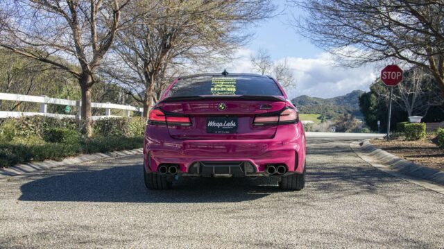 BMW M5 F90 Pink Vinyl Wrap Rear, by Wrap Labs, Westlake Village