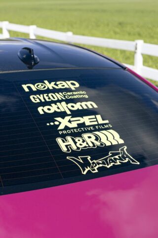 BMW M5 Fuchsia Pink Vinyl Wrap Sponsor Decals Rear Window Rooftop Detail, by Wrap Labs, Westlake Village