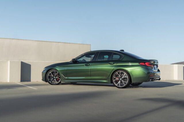 BMW M5 Gloss Green Vinyl Wrap Full Side Profile, by Wrap Labs, Westlake Village