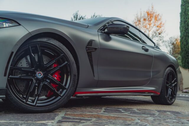 BMW M8 Competition Matte Grey Vinyl Wrap Black Wheel Red Brake Carbon Mirror Side Detail, by Wrap Labs, Westlake Village