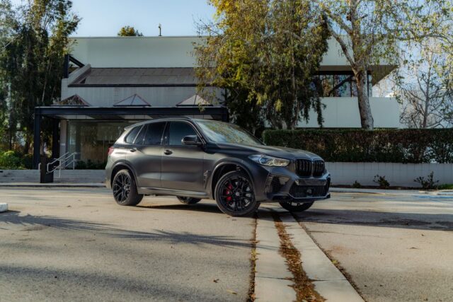 BMW X5 M Competition Matte Black Vinyl Wrap Front Three Quarter Street, by Wrap Labs, Westlake Village