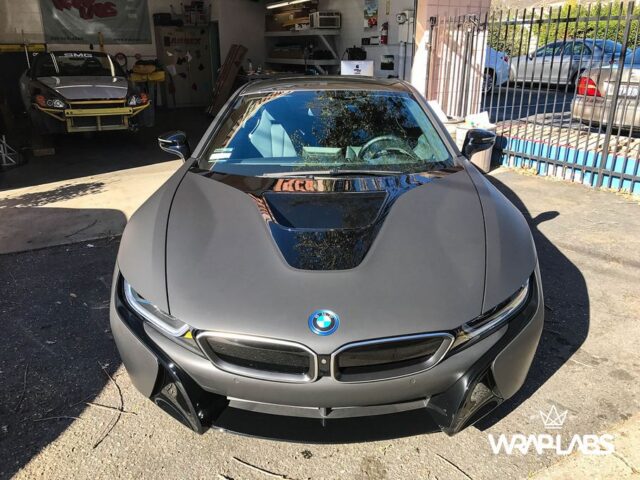 BMW i8 Matte Black Vinyl Wrap Front Head On WrapLabs Shop Outdoor, by Wrap Labs, Westlake Village