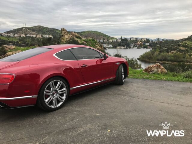 Bentley Continental GT Red Vinyl Wrap Rear Three Quarter Lake Mountain Scenic, by Wrap Labs, Westlake Village
