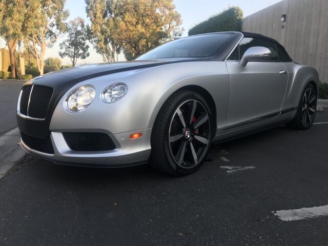 Bentley Continental GTC Silver Matte Black Two Tone Vinyl Wrap Front Three Quarter Parking Lot, by Wrap Labs, Westlake Village