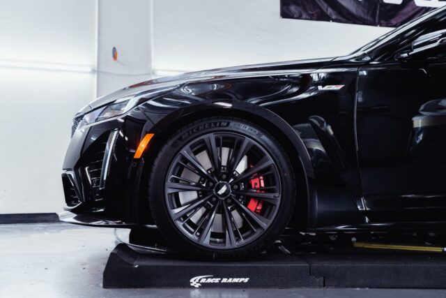 Cadillac CT5 V Blackwing Gloss Black PPF Front Wheel Red Brake Caliper Michelin Tire Detail, by Wrap Labs, Westlake Village