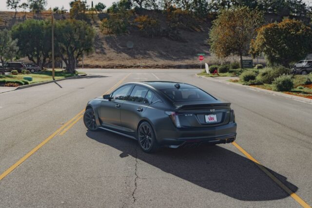 Cadillac CT5 V Blackwing Matte Black Vinyl Wrap Rear Three Quarter Street, by Wrap Labs, Westlake Village