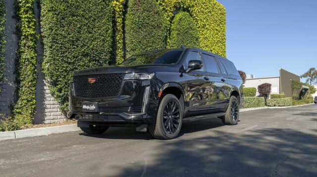 Cadillac Escalade ESV Gloss Black PPF Blacked Out Front 3Quarter Ivy Wall, by Wrap Labs, Westlake Village