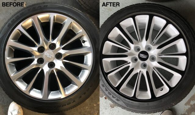 Cadillac Wheel Vinyl Wrap Black White Before After Detail, by Wrap Labs, Westlake Village