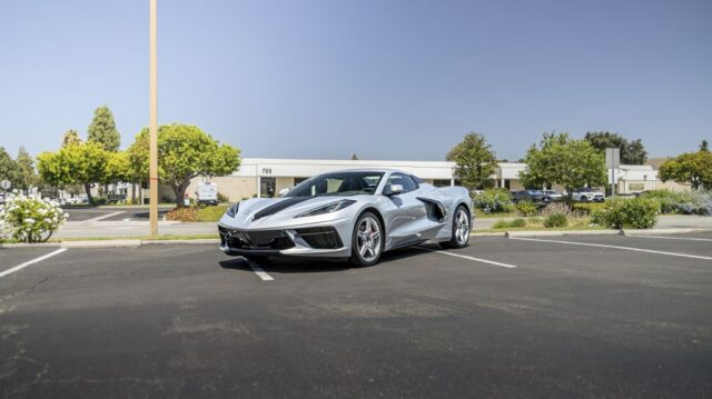 Corvette C8 Silver PPF Front 3Quarter Parking Lot, by Wrap Labs, Westlake Village