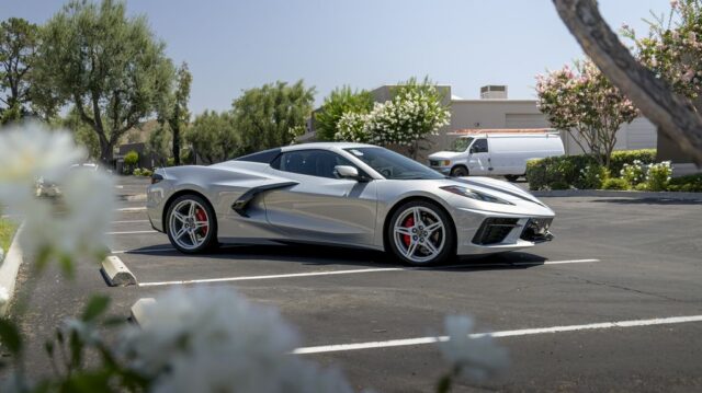 Corvette C8 Silver PPF Side Profile Flowers Foreground, by Wrap Labs, Westlake Village