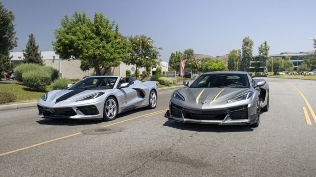 Corvette C8 Stingray Convertible Silver PPF Z06 Grey Yellow Stripe Front Duo Street, by Wrap Labs, Westlake Village