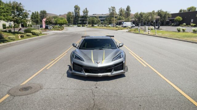 Corvette Z06 Grey Yellow Stripe Vinyl Wrap Front Head On Street, by Wrap Labs, Westlake Village