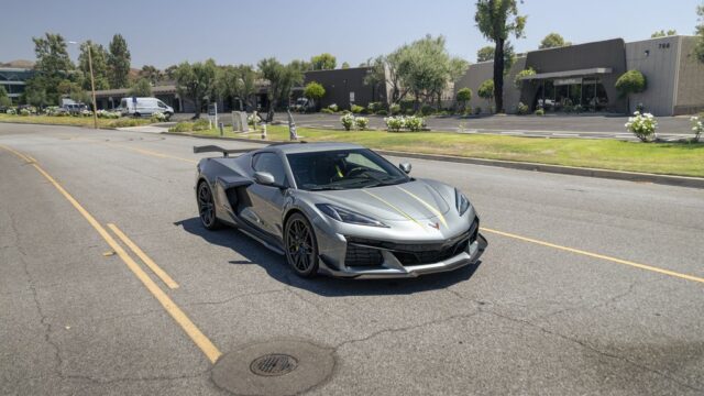 Corvette Z06 Grey Yellow Stripe Vinyl Wrap Front Street, by Wrap Labs, Westlake Village