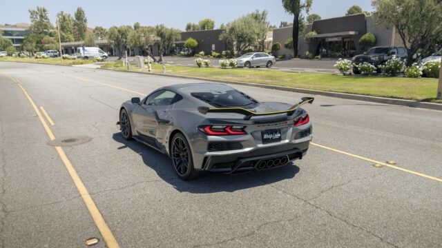 Corvette Z06 Grey Yellow Stripe Vinyl Wrap Rear Street, by Wrap Labs, Westlake Village