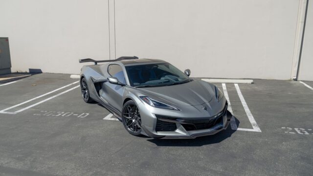 Corvette Z06 Satin Grey PPF Front 3Quarter Wing Up Parking Lot, by Wrap Labs, Westlake Village