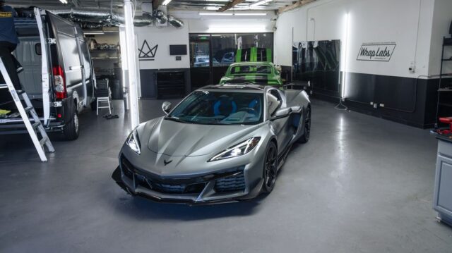 Corvette Z06 Satin Grey PPF Front 3Quarter WrapLabs Shop Interior, by Wrap Labs, Westlake Village
