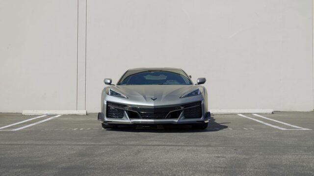 Corvette Z06 Satin Grey PPF Front Head On Parking Lot Wall, by Wrap Labs, Westlake Village
