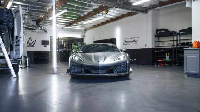 Corvette Z06 Satin Grey PPF Front Head On WrapLabs Shop Bay, by Wrap Labs, Westlake Village