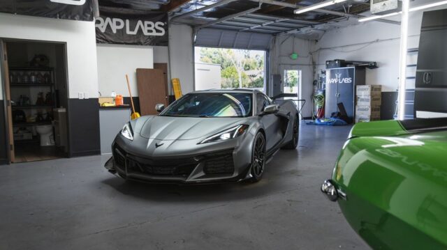 Corvette Z06 Satin Grey PPF Front Head On WrapLabs Shop Interior, by Wrap Labs, Westlake Village