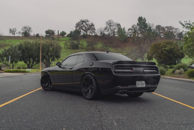 Dodge Challenger SRT Hellcat Gloss Black Vinyl Wrap Gold Pinstripe Rear 3Quarter Street Hills, by Wrap Labs, Westlake Village