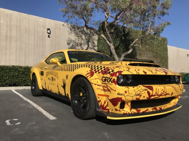 Dodge Challenger SRT Hellcat Yellow Zombie GRX Goldrush Rally Full Vinyl Wrap Front, by Wrap Labs, Westlake Village