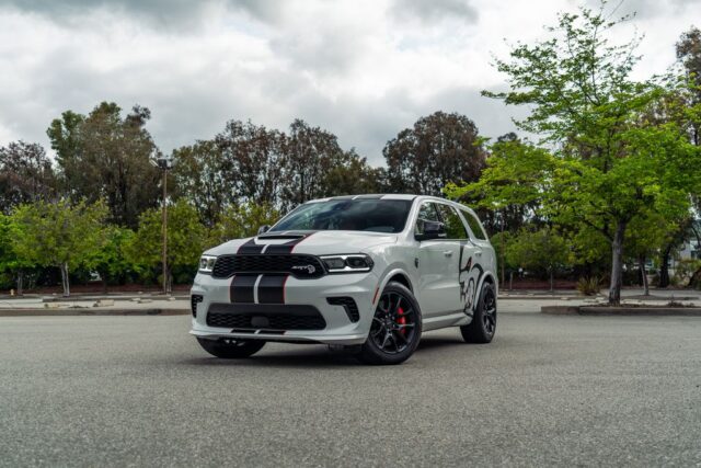 Dodge Durango SRT Hellcat White Black Red Stripe Vinyl Wrap Front 3Quarter Street Trees A, by Wrap Labs, Westlake Village