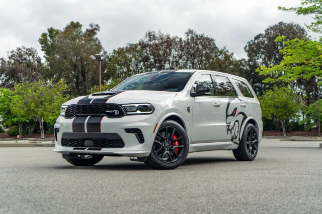 Dodge Durango SRT Hellcat White Black Red Stripe Vinyl Wrap Front 3Quarter Street Trees B, by Wrap Labs, Westlake Village