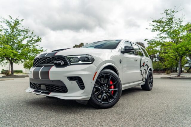 Dodge Durango SRT Hellcat White Black Red Stripe Vinyl Wrap Front Low Angle Street Trees, by Wrap Labs, Westlake Village