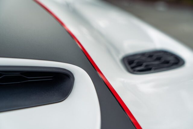Dodge Durango SRT Hellcat White Black Red Stripe Vinyl Wrap Hood Black Stripe Red Pinstripe Detail, by Wrap Labs, Westlake Village