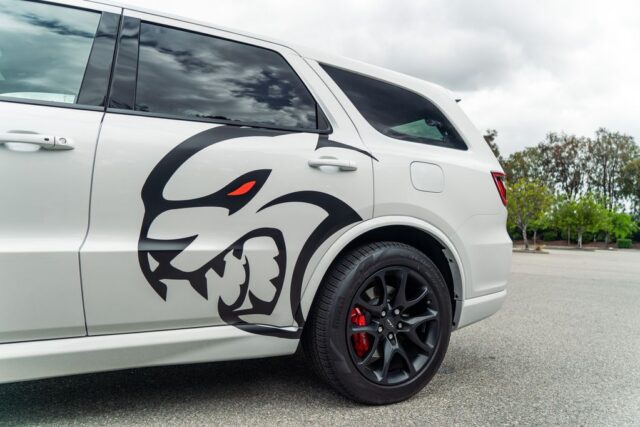 Dodge Durango SRT Hellcat White Vinyl Wrap Hellcat Graphic Rear Quarter, by Wrap Labs, Westlake Village