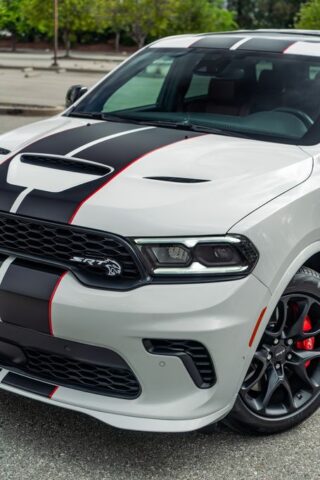 Dodge Durango SRT Hellcat White Vinyl Wrap Racing Stripes Hood Front, by Wrap Labs, Westlake Village