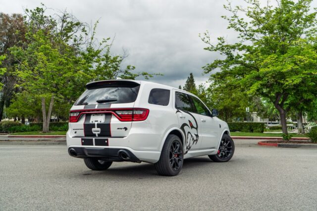 Dodge Durango SRT Hellcat White Vinyl Wrap Racing Stripes Rear, by Wrap Labs, Westlake Village