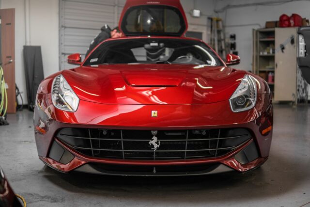 Ferrari F12 Berlinetta Red Paint Protection Film Front Shop, by Wrap Labs, Westlake Village