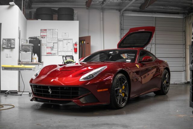 Ferrari F12 Berlinetta Red Paint Protection Film Front Three Quarter Shop, by Wrap Labs, Westlake Village