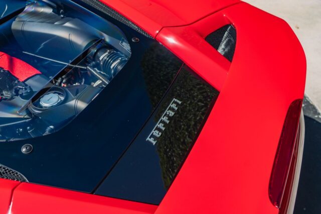 Ferrari F8 Tributo Red PPF Engine Bay Rear Glass Ferrari Badge Detail, by Wrap Labs, Westlake Village