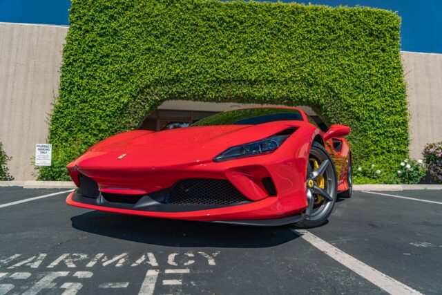 Ferrari F8 Tributo Red PPF Front Head On Parking Lot Hedge Wall, by Wrap Labs, Westlake Village