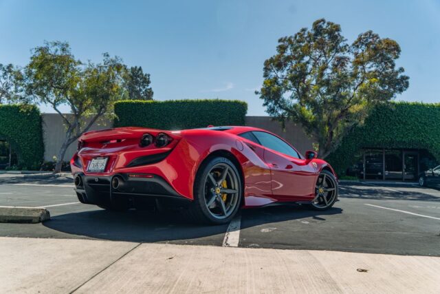 Ferrari F8 Tributo Red PPF Rear 3Quarter Hedge Wall, by Wrap Labs, Westlake Village