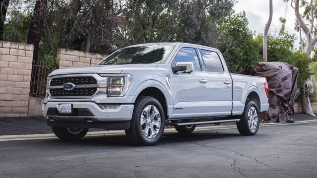 Ford F 150 Platinum White PPF Front 3Quarter Street Wall Trees, by Wrap Labs, Westlake Village