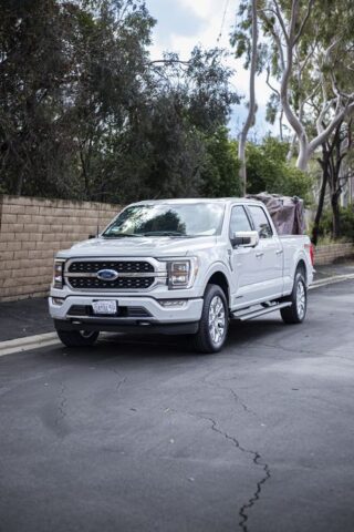 Ford F 150 Platinum White PPF Front 3Quarter Vertical Street Trees, by Wrap Labs, Westlake Village