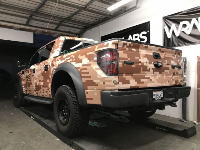 Ford F 150 Raptor Desert Digital Camo Vinyl Wrap Rear 3 4 Shop, by Wrap Labs, Westlake Village