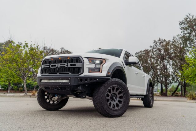 Ford F150 Raptor White PPF Lift Kit Front Low Angle, by Wrap Labs, Westlake Village