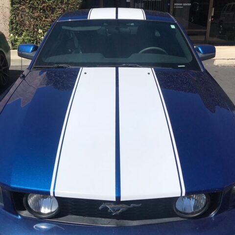 Ford Mustang Blue White Racing Stripes Vinyl Wrap Hood Overhead Detail, by Wrap Labs, Westlake Village