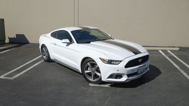 Ford Mustang White Vinyl Wrap Grey Stripes Front Quarter, by Wrap Labs, Westlake Village