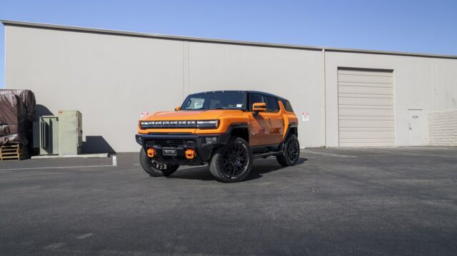 GMC Hummer EV Orange PPF Black Wheels Lift Kit Front 3Quarter, by Wrap Labs, Westlake Village