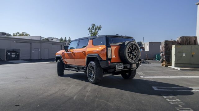 GMC Hummer EV Orange PPF Black Wheels Rear 3Quarter Spare Tire, by Wrap Labs, Westlake Village