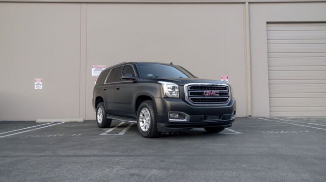 GMC Yukon Matte Black Vinyl Wrap Front 3 4, by Wrap Labs, Westlake Village