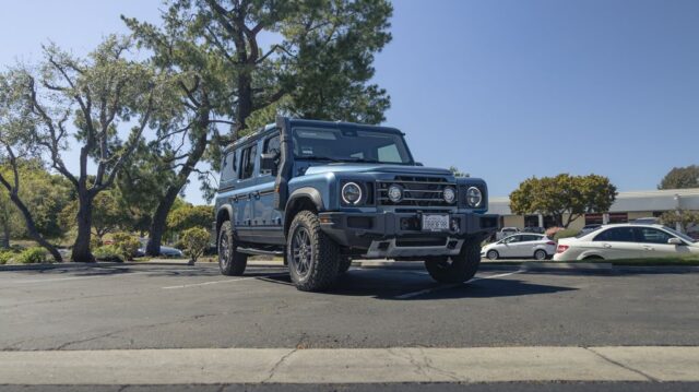 INEOS Grenadier Steel Blue PPF Front Head On Low Angle Street Trees, by Wrap Labs, Westlake Village