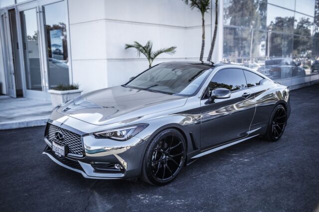 Infiniti Q60 Chrome Vinyl Wrap Front 3Quarter Black Wheels, by Wrap Labs, Westlake Village