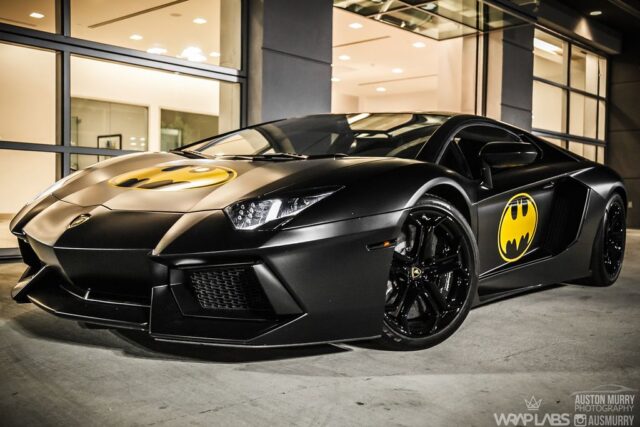 Lamborghini Aventador Matte Black Batman Vinyl Wrap Front Three Quarter Indoor, by Wrap Labs, Westlake Village