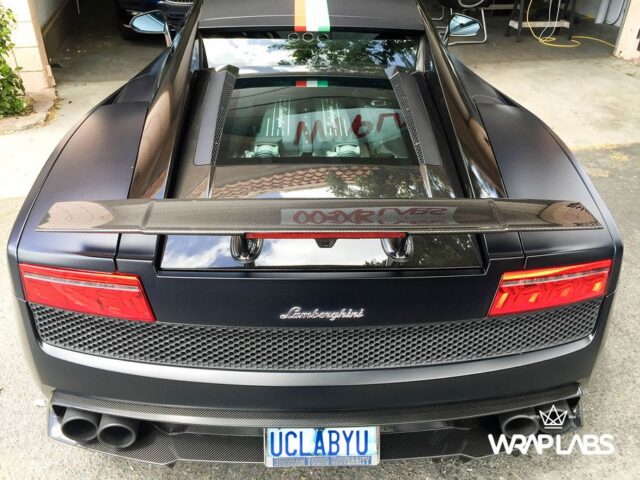 Lamborghini Gallardo Superleggera Matte Black Vinyl Wrap Italian Flag Stripe Rear Head On, by Wrap Labs, Westlake Village